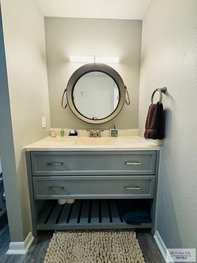 bathroom with hardwood / wood-style floors and vanity