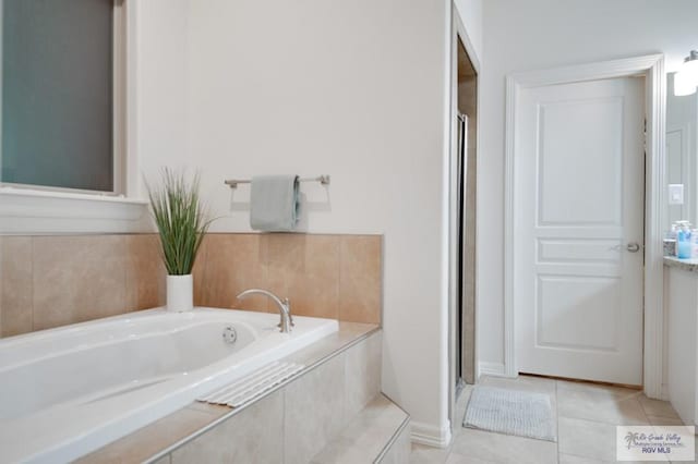 bathroom with tile patterned floors and plus walk in shower