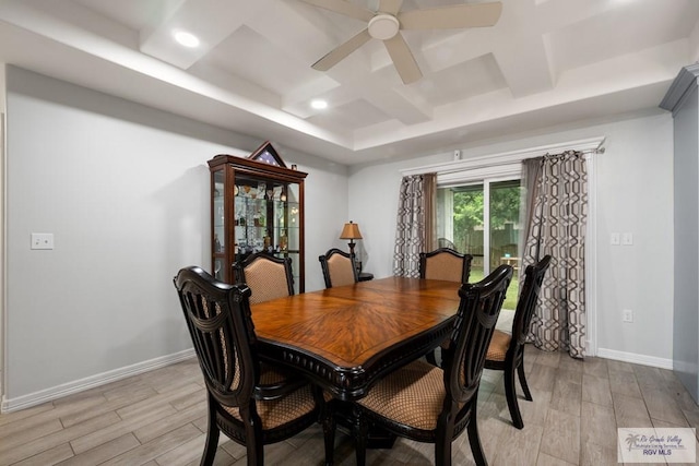 4438 Mckenzie Rd, Brownsville, TX 78521 - dining space with light wood-type flooring, a ceiling fan, recessed lighting, and coffered ceiling