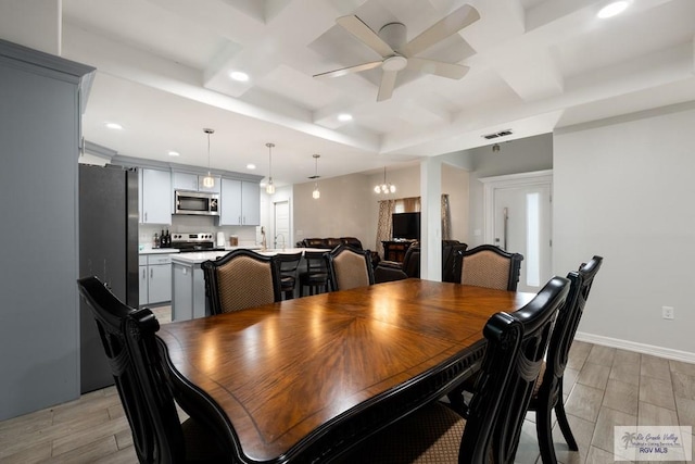 4438 Mckenzie Rd, Brownsville, TX 78521 - dining area with coffered ceiling, recessed lighting, ceiling fan, and light wood-style floors