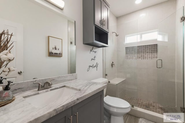 full bath featuring toilet, a shower stall, and vanity