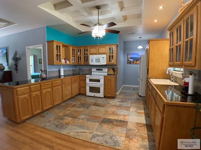 kitchen featuring white appliances, coffered ceiling, sink, beam ceiling, and kitchen peninsula