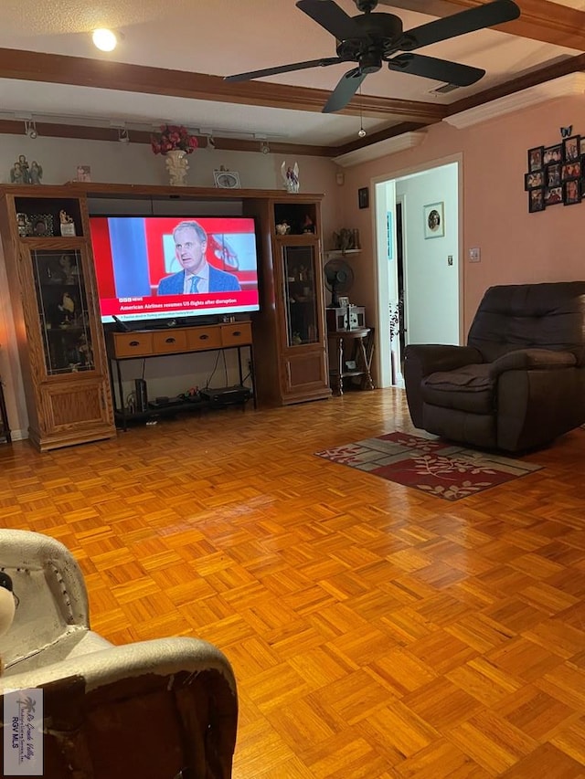 living room with parquet floors and ceiling fan