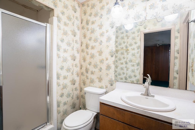19863 Tilden Rd, San Benito, TX 78586 - full bathroom with wallpapered walls, vanity, a shower stall, and toilet