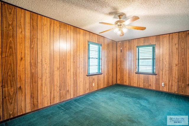 19863 Tilden Rd, San Benito, TX 78586 - empty room featuring healthy amount of natural light, ceiling fan, carpet, a textured ceiling, and wood walls