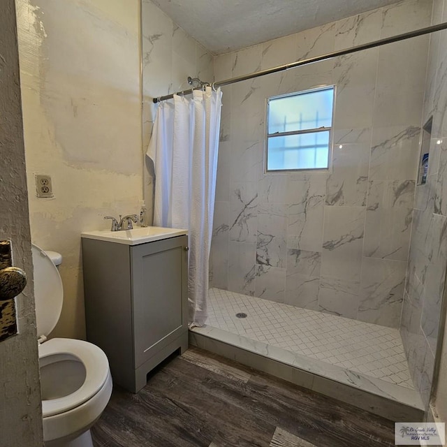 bathroom with toilet, a stall shower, wood finished floors, and vanity