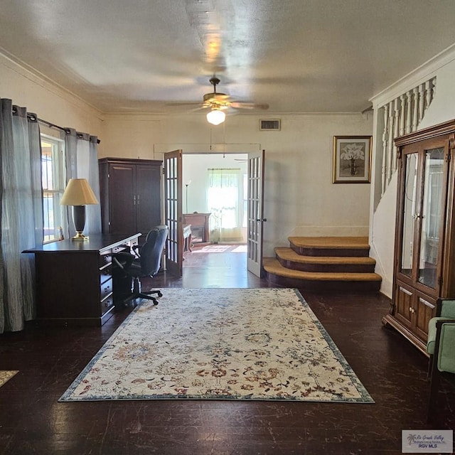 home office with french doors, visible vents, crown molding, and ceiling fan