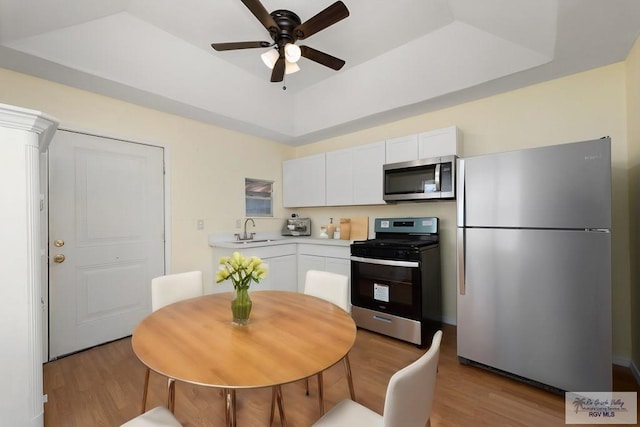 kitchen featuring white cabinets, light wood-type flooring, stainless steel appliances, and a raised ceiling