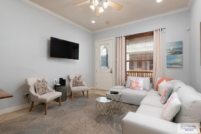 tiled living room with crown molding and ceiling fan