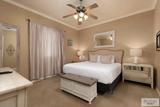 carpeted bedroom featuring ornamental molding and ceiling fan