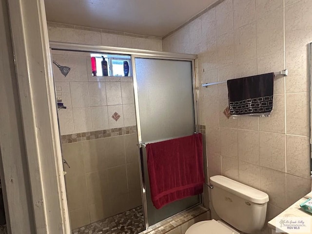 bathroom featuring a shower with shower door and toilet