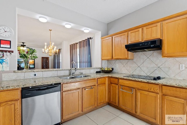 kitchen with backsplash, sink, stainless steel dishwasher, black electric cooktop, and light tile patterned floors