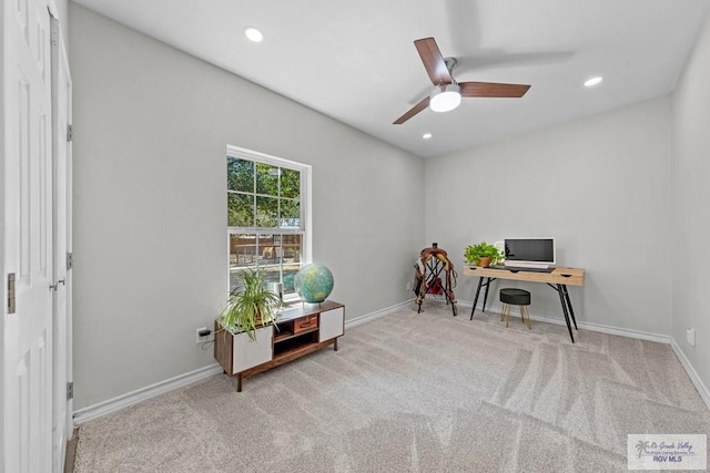 office area featuring recessed lighting, baseboards, ceiling fan, and carpet flooring