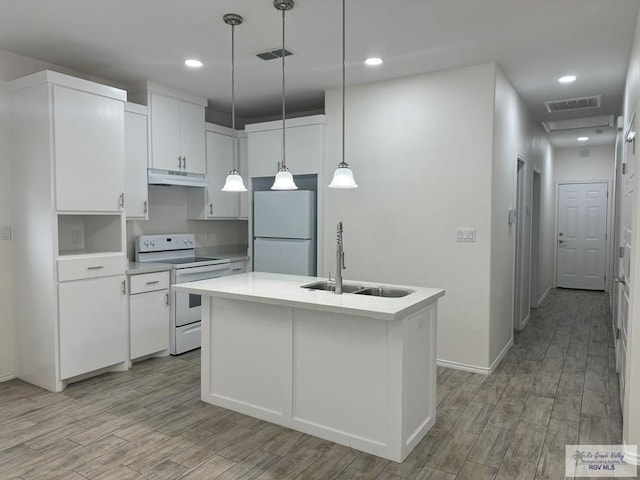kitchen featuring light hardwood / wood-style floors, white cabinetry, white appliances, and sink