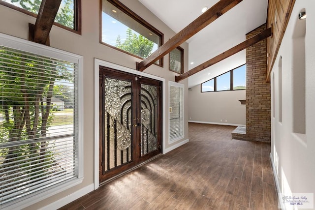 716 E Palm Valley Dr, Harlingen, TX 78550 - foyer featuring high vaulted ceiling, beam ceiling, and dark wood-style flooring