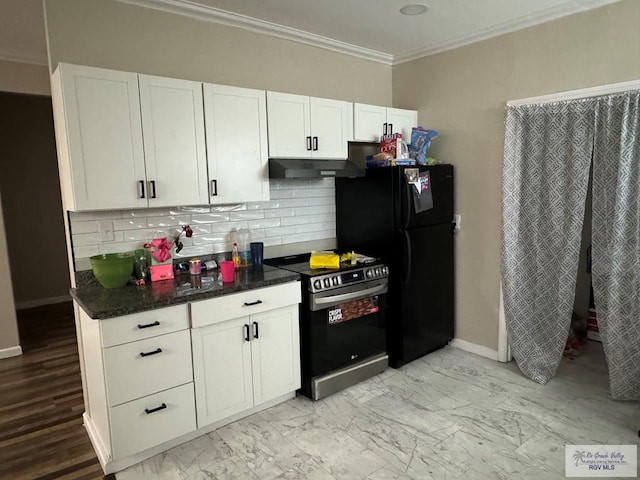 kitchen featuring stainless steel range, tasteful backsplash, white cabinetry, and ornamental molding