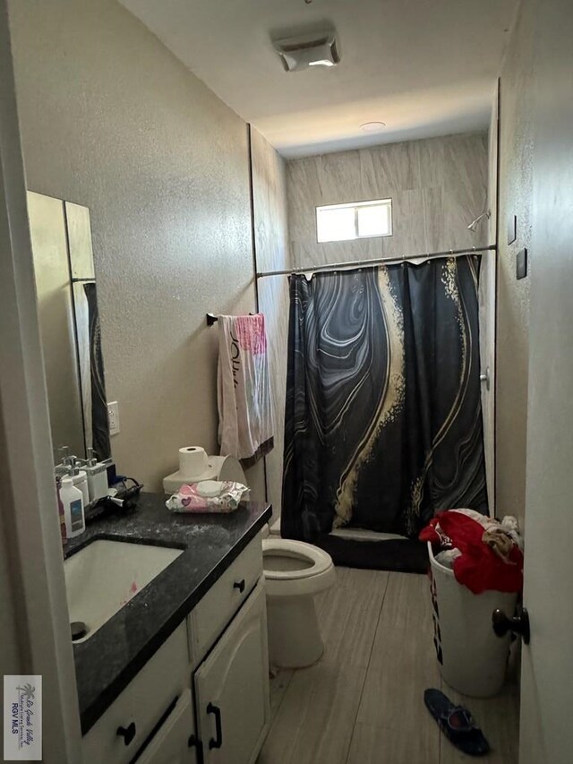 bathroom with a shower with curtain, vanity, and toilet