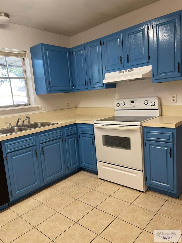 kitchen featuring sink, electric range, light tile patterned floors, black dishwasher, and blue cabinetry