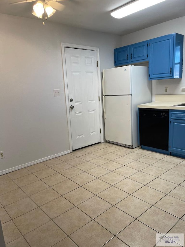 kitchen with ceiling fan, blue cabinetry, dishwasher, white fridge, and light tile patterned flooring