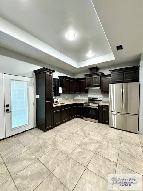 kitchen featuring sink, dark brown cabinets, a raised ceiling, and appliances with stainless steel finishes