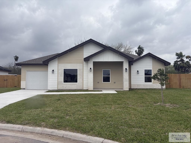 single story home with a front lawn, board and batten siding, an attached garage, and fence