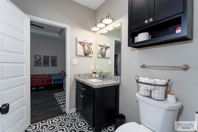 bathroom featuring toilet, wood finished floors, and vanity