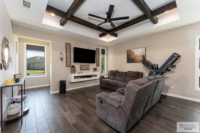 living area with coffered ceiling, wood finish floors, visible vents, and baseboards