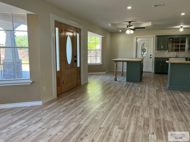 foyer featuring light hardwood / wood-style flooring, ceiling fan, and sink