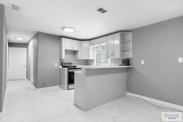 kitchen with kitchen peninsula, sink, and stainless steel electric range