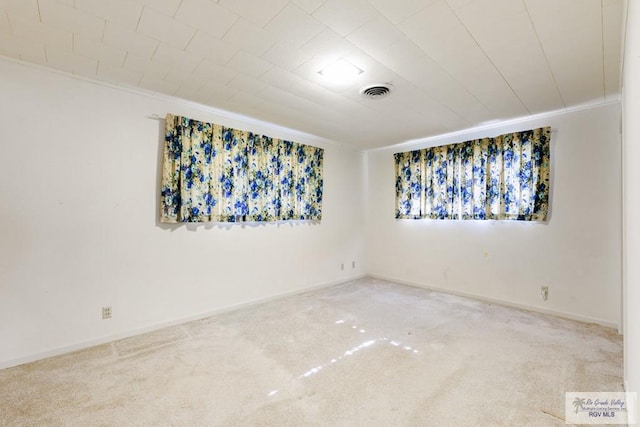 empty room featuring carpet flooring and ornamental molding