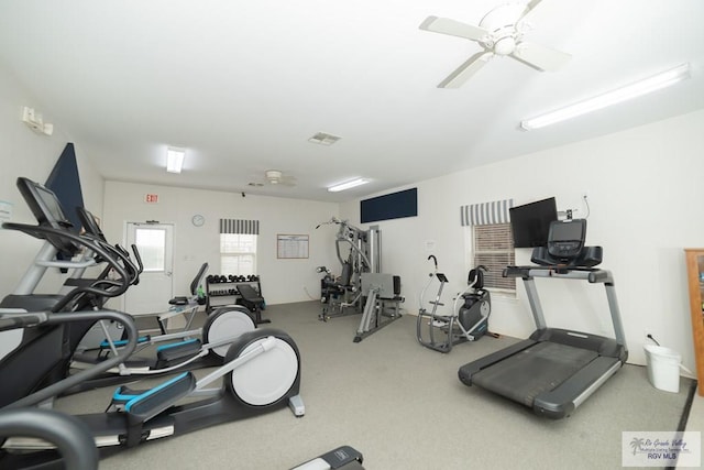 gym featuring ceiling fan, carpet floors, and visible vents