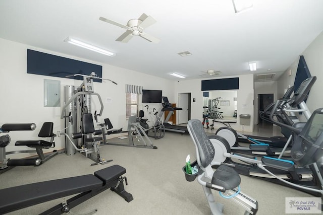 gym featuring visible vents, a ceiling fan, and electric panel