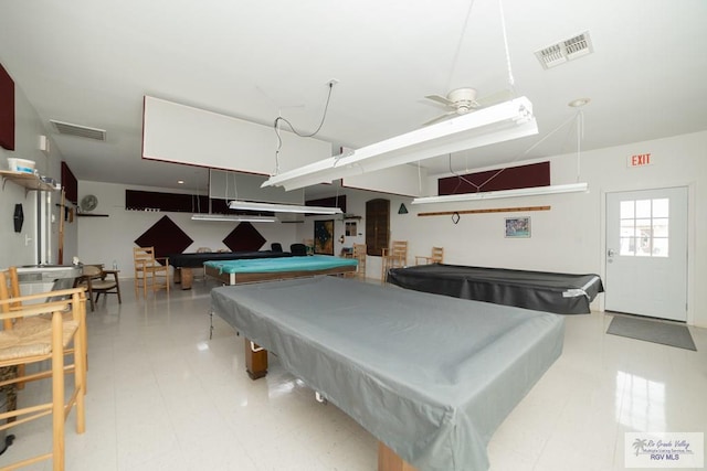 recreation room featuring pool table, visible vents, ceiling fan, and tile patterned floors