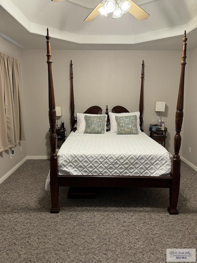 bedroom featuring a raised ceiling, ceiling fan, and carpet