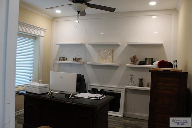 office space with dark hardwood / wood-style flooring, ceiling fan, and crown molding