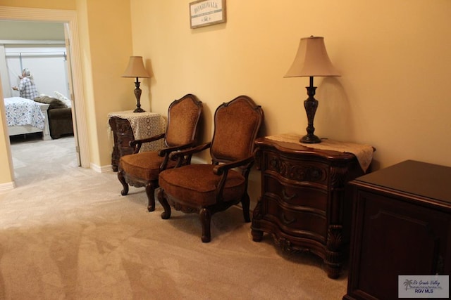 sitting room featuring light carpet