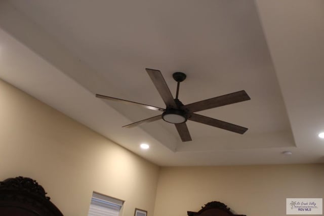 details with a raised ceiling and ceiling fan