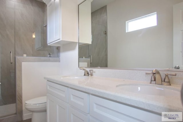 bathroom featuring vanity, toilet, and a shower with shower door