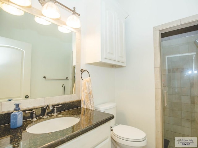 bathroom featuring vanity, toilet, and a shower with door