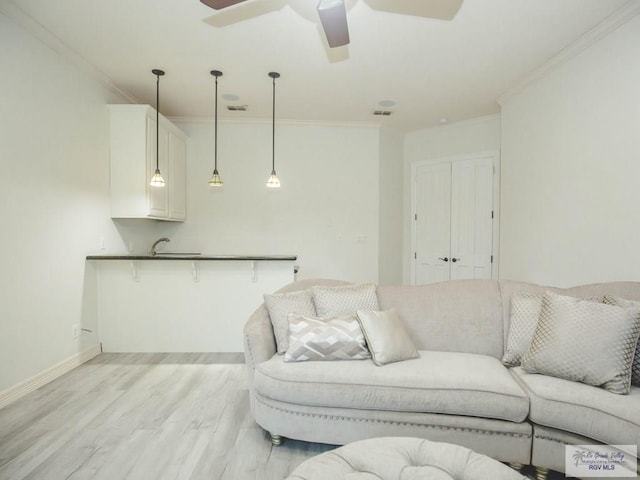 living room with crown molding, sink, and light hardwood / wood-style floors