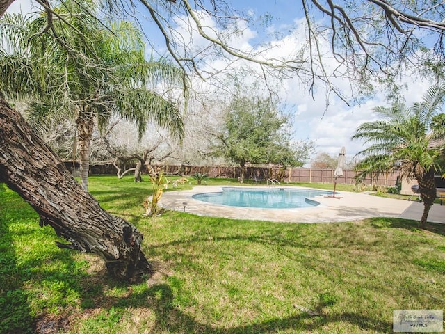 view of pool featuring a lawn and a patio area