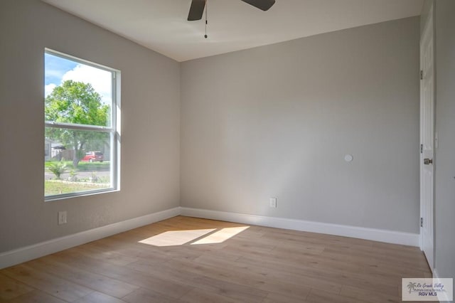 empty room featuring ceiling fan and light hardwood / wood-style flooring