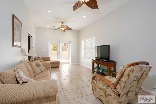 6401 Fountain Way S, Padre Island, TX 78597 - living room featuring ceiling fan, light tile patterned floors, and recessed lighting