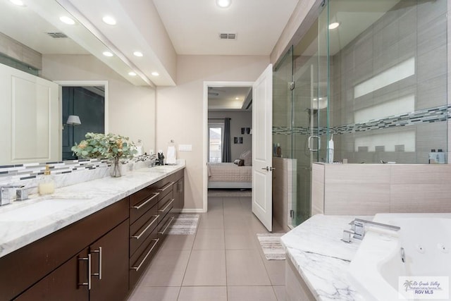 ensuite bathroom with ensuite bath, visible vents, tile patterned flooring, and recessed lighting