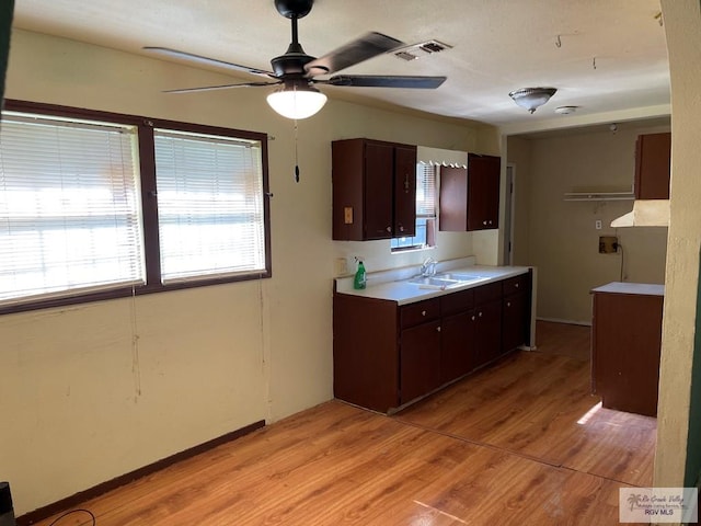 kitchen with visible vents, dark brown cabinets, a ceiling fan, and a sink