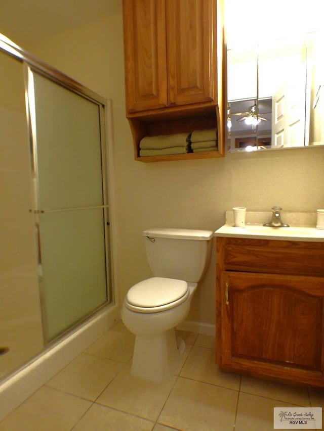 180 Chippewa Cir, Harlingen, TX 78555 - bathroom featuring tile patterned flooring, vanity, a stall shower, and toilet