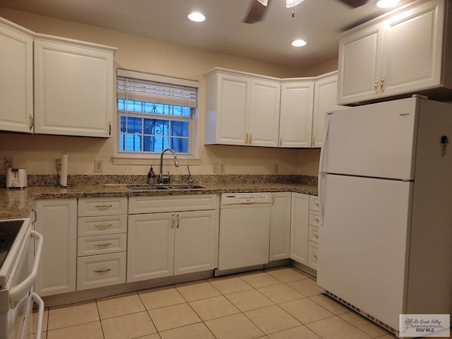 180 Chippewa Cir, Harlingen, TX 78555 - kitchen featuring white appliances, a sink, white cabinetry, recessed lighting, and light tile patterned floors