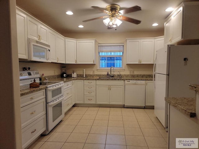 180 Chippewa Cir, Harlingen, TX 78555 - kitchen with white appliances, a sink, white cabinetry, ceiling fan, and recessed lighting