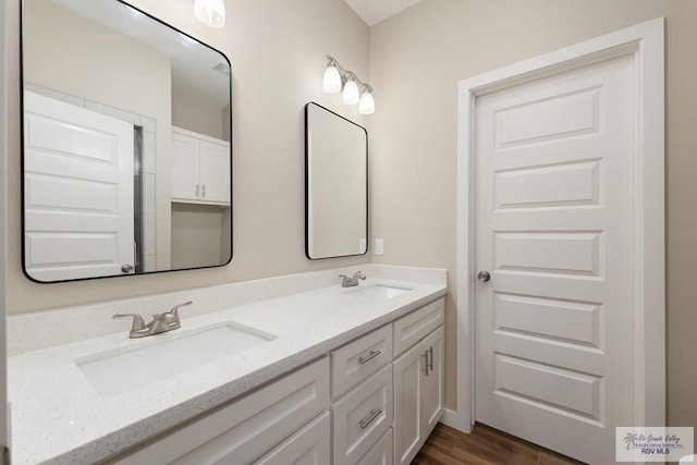 bathroom with hardwood / wood-style flooring and vanity