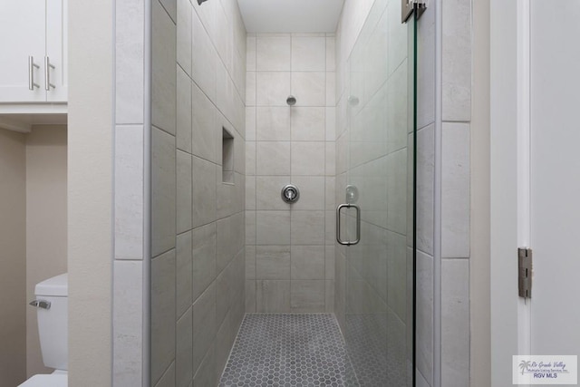 bathroom with toilet and a shower with shower door